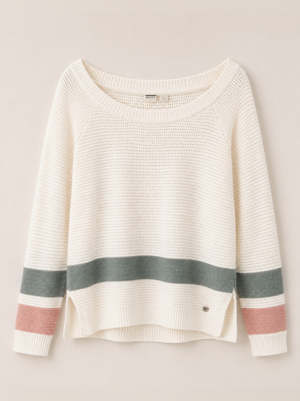 Roxy loose sweater two color block at bottom off shoulder size larger